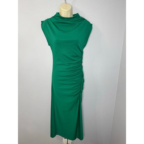 Anthropologie The Maya Ruched Cowl-Neck Midi Dress Kelly Green Stretch Sz XS New - Picture 2 of 14